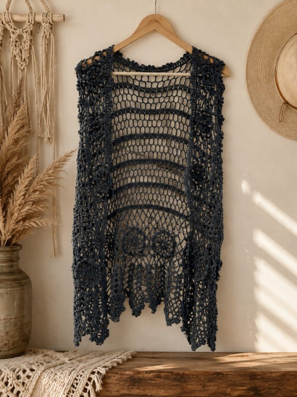 Crochet Open Knit Vest Floral Afghan Pearls Boho Gray Festival Womens Medium